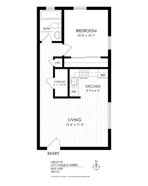 Floor plan for 1 bed, 1 bath, 490 sqft